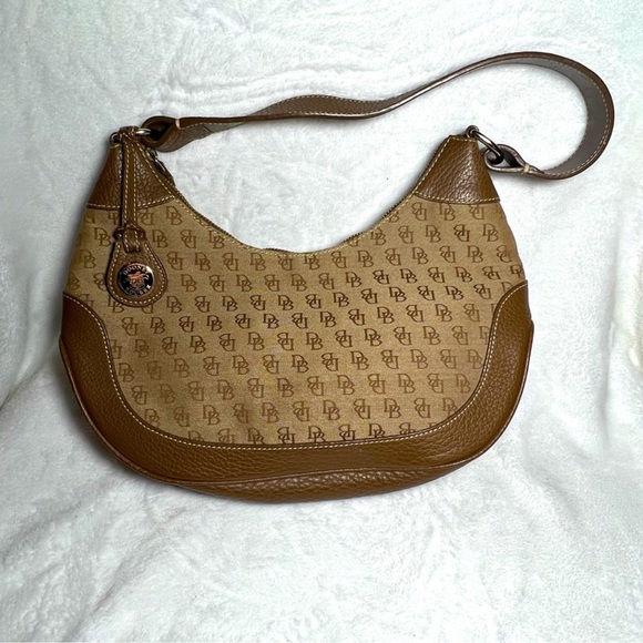 Dooney & Bourke Handbags - Dooney & Bourke Tan and Brown Hobo Bag with Logo Pattern